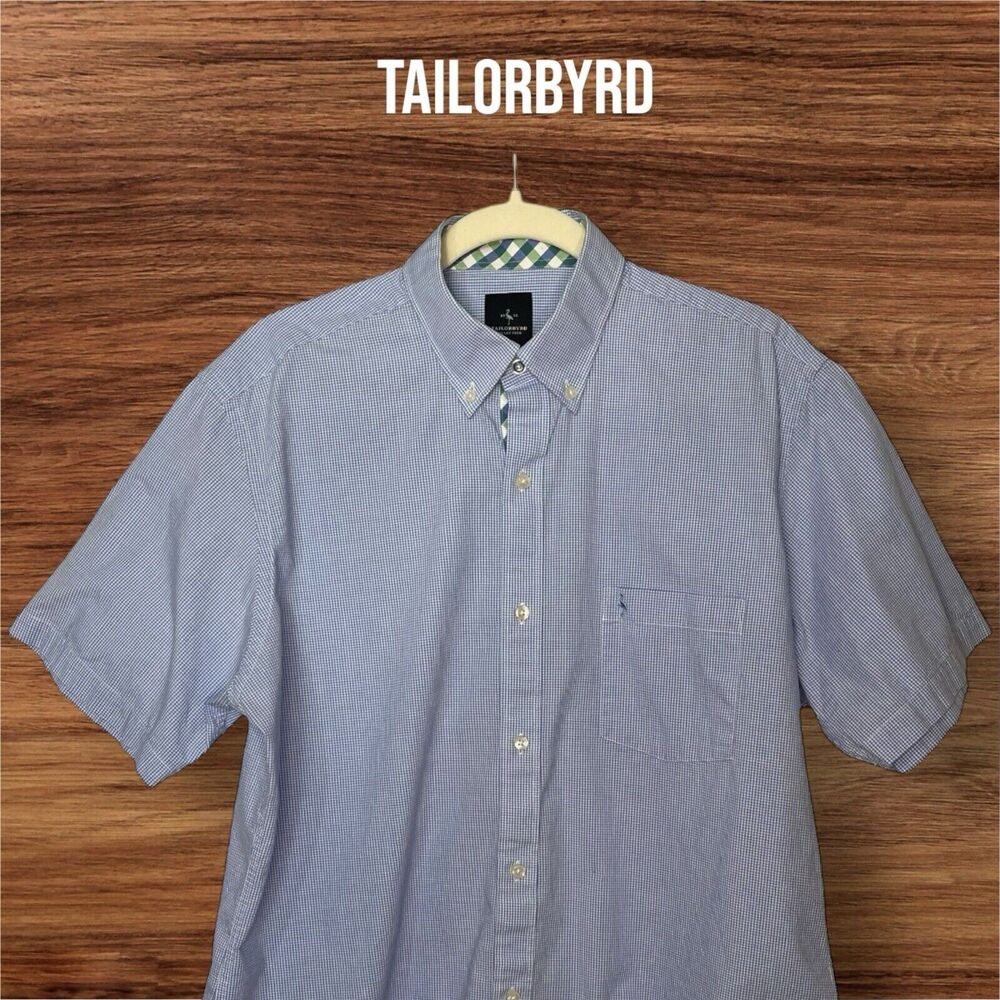 Tailorbyrd 1930 Coll. Men's Size L Blue Micro Gingham Stretch Short Sleeve Shirt